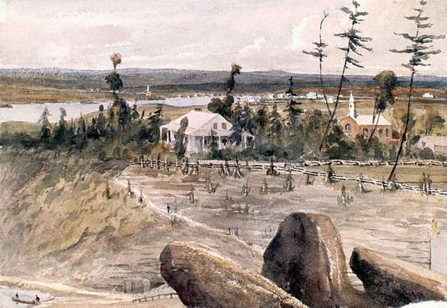 Ottawa, ca.1841, lower Bytown watercolour by Philip John Bainbridge (or Bainbrigge) 1817-1881. Bainbridge was a British Military Artist. Watercolour with scraping out over pencil on wove paper. The painting appears to show Colonel By's previous house on Colonel's Hill, later Major's Hill. By had been recalled to England and had died, by this time.
LAC c002163k, Mikan 2833555.