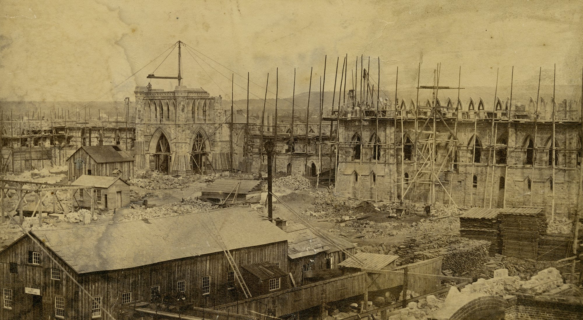 Parliament Buildings viewed under construction by Nicholas Sparks, Ottawa, ca. 1859.