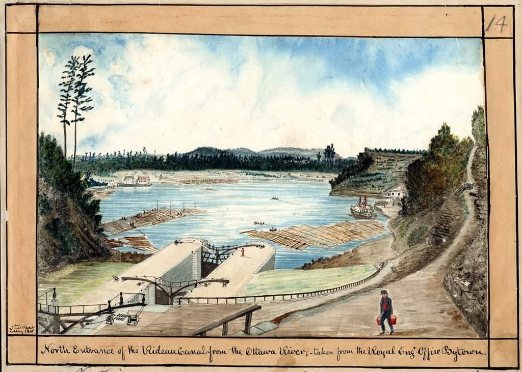 One of the oldest representations of the Rideau Canal painted by Thomas Burrowes in 1845 just 13 years after opening. The Rideau Canal is the oldest continuously operated canal system in North America and a UNESCO World Heritage site.
North entrance of the Rideau Canal from the Ottawa River, 1845, by Thomas Burrowes (I0002132)