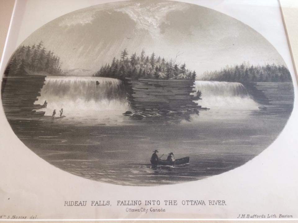 Rideau River falling into Ottawa River. The original lithograph was done around 1850 and found in an antique store on Bank Street in the 1990s.